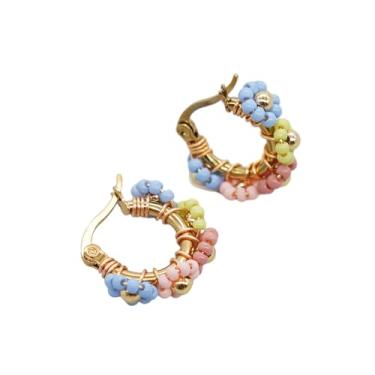 Imagem de Sonateomber Brincos de argola de ouro feitos à mão para mulheres e meninas, lindos feitos à mão, pequenas contas de sementes coloridas, flor, boêmia, cartilagem, hipoalergênico, baile, férias,