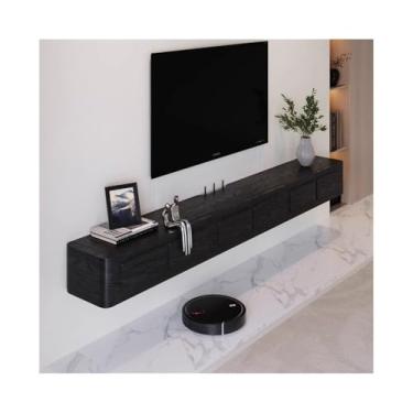 Imagem de Armário de TV Armário de TV flutuante montado na parede, console de TV flutuante de madeira vintage com porta rebatível e gavetas de armazenamento, suporte de TV estreito montado na parede que economi