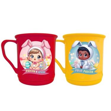 Imagem de Conjunto 2 Caneca de Plástico Resistente Feliz Páscoa 350ml Desenho Delicado Água Suco Leite Achocolatado Bebidas Infantil