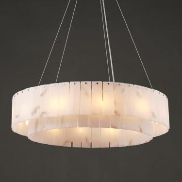 Imagem de OSRoyce Lustre Redondo De Alabastro, Lustre Moderno De Sala De Jantar D31 Pol., Luzes Pendentes De Mármore, Ilha De Cozinha, Lustre De Tambor Para Luminária De Sala De Jantar, Sala De Estar, Luzes D