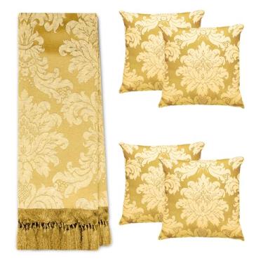 Imagem de Jogo Manta Xale para Sofá Artesanal com Franjas Grande 2,80 x 3,00 com 4 Almofadas Cheias (02 DOURADO E OFF WHITE)