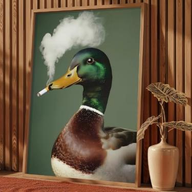 Imagem de Impressão de cigarro de animal fumando arte de parede vintage peculiar arte de pato pato engraçado para quarto impressões de retrato de animal pintura de cabine rústica imagens de animais antigos