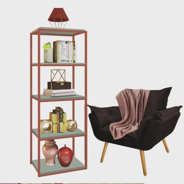Imagem de Kit Poltrona Fatte com Manta Soft Salmão e Estante Livreiro Ferro Bronze mdf Verde Oliva Suede Marrom - Ahazzo Móveis