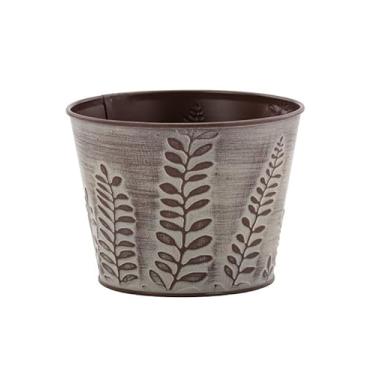 Imagem de Napco Imports Capa de vaso de metal marrom envelhecido com folha de samambaia em relevo 9 x 12 cm com forro de plástico rígido removível