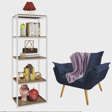 Imagem de Kit Poltrona Fatte com Manta Soft Lilás e Estante Livreiro Ferro Branco mdf Rústico Suede Azul Marinho - Ahazzo Móveis