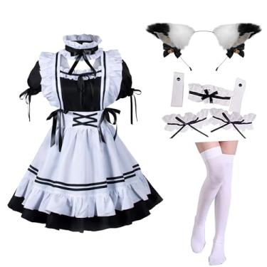 Imagem de Conjunto de fantasia de empregada francesa avental clássico vestido Lolita cosplay meias de orelha de gato