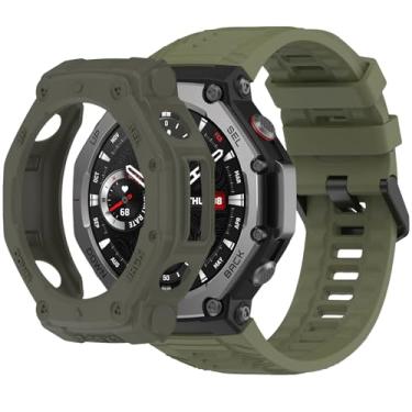 Imagem de QHBAMD Pulseira de silicone com capa compatível com Amazfit T-REX3, capa macia e respirável, para homens e mulheres (verde selva)