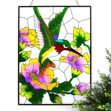 Imagem de VinSees Grandes janelas de vidro de beija-flor de 38 x 28 cm para pendurar, correntes de metal para painel de vidro, coletores de sol grandes para pendurar em janelas. Decorações de parede de