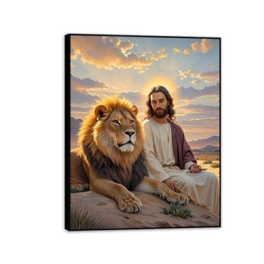Imagem de Arte de parede em tela Jesus e Cordeiro, pôr do sol Leão judeu e Jesus, impressão de pôster de Jesus Rei Leão Cristão Pintura Religiosa Arte Igreja Decoração de Parede Imagens 65x50 cm Moldura Preta
