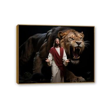 Imagem de Arte de parede em tela Jesus e Cordeiro, Jesus e o leão feroz preto, cristão Jesus Rei Leão Impressão Pôster Pintura Religiosa Arte Igreja Decoração de Parede Imagens 90 x 70 cm Moldura dourada