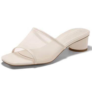 Imagem de Coutgo Sandálias Femininas De Salto Grosso Malha, Mules, Quadradas, Bico Aberto, Sem Cadarço, Sapatos Sociais Verão, Nude, Tamanho 9