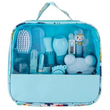 Imagem de Kit Higiene Infantil Azul Escova Tesoura Cortador Unha Bolsa
