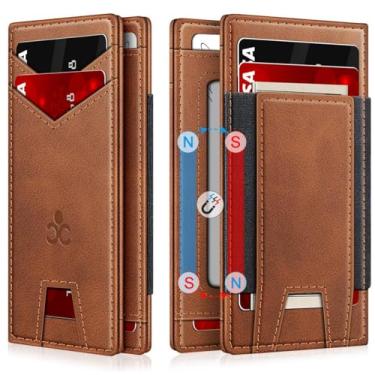 Imagem de SEMORID Carteira masculina fina de couro para 9 a 13 cartões, carteira fina com bloqueio de RFID com janela para identidade e compartimento para dinheiro elástico, carteira pequena minimalista