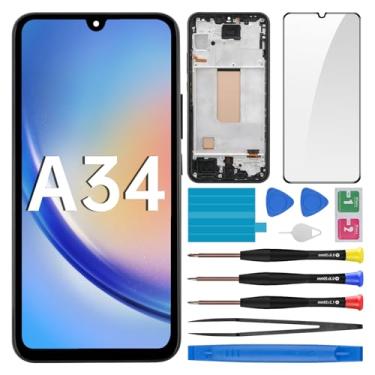 Imagem de BESJMYT Substituição de tela para Samsung Galaxy A34 com moldura LCD digitalizador sensível ao toque, montagem completa, vidro fixo com kit de ferramentas de reparo A346E A346B A346M