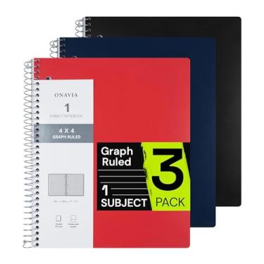 Imagem de ONAVIA Caderno espiral para escola, pacote com 3, 1 matéria, papel pautado com grafos 4x4, 100 folhas, 23 x 28 cm, 1 divisória com bolso, 3 furos perfurados, capa de plástico, bloco de notas de grade