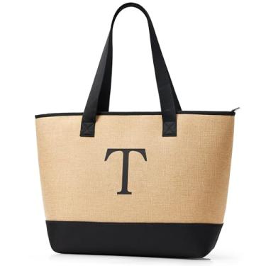 Imagem de KALIDI Sacola de tecido para mulheres, bolsa de praia com monograma leve com zíper e base de lona à prova de areia, presente personalizado, T-bege, Medium