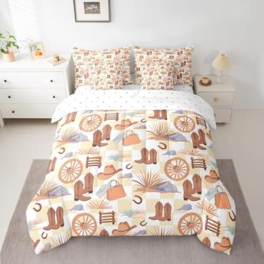 Imagem de Conjunto de edredom infantil com 7 peças, botas marrons e chapéus, para meninos e meninas, com roda de madeira ocidental, em uma bolsa com edredom, lençol de cima, lençol de cima e fronhas