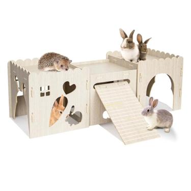 Imagem de Castelo de coelho, casa de coelho, esconderijo de coelho de madeira, casa de coelho resistente, casinha de brinquedo de madeira para esconderijo de ouriço, suprimentos de coelho (3 casas)