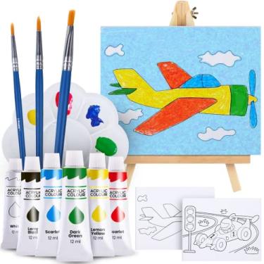 Imagem de Conjunto de pintura infantil e cavalete de pintura – Kit de pintura acrílica de 14 peças, 6 tintas não tóxicas laváveis, 1 cavalete de madeira, 2 telas pré-estêndidas de 20 x 25 cm, 3 pincéis, paleta, tabela de mistura de cores