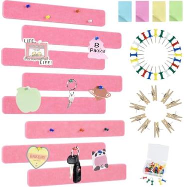 Imagem de Vuzvuv 8 tiras de barra de quadro de avisos com 50 pinos e 10 pinos de clipe de madeira, placa de cortiça autoadesiva para parede, placa de feltro para escola, decoração de escritório (rosa)