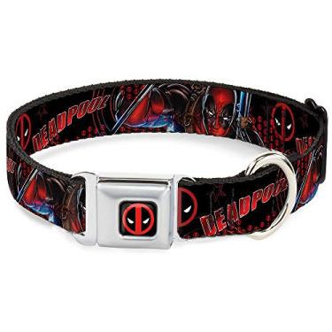 Imagem de Buckle-Down Coleira para cães com fivela de cinto de segurança – Deadpool/Action Pose/Logo2 – 2,54 cm de largura – Serve para pescoços de 22,86 a 38,10 cm – Pequena