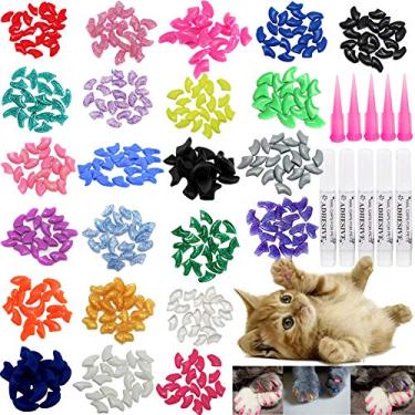Imagem de VICTHY 100 peças de capas macias para unhas de gato, gatos, patas, patas, unhas, garras, capas de 5 adesivos aleatórios, 5 peças de cola com 5 peças de aplicadoresVICTHY Kitten CNS-0001