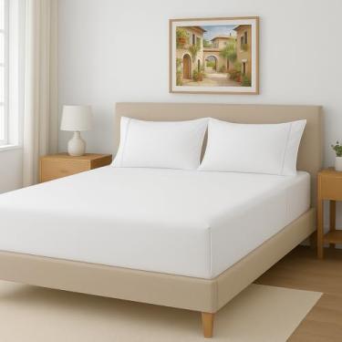 Imagem de Lençol King 3 Peças 300 Fios 100% Algodão Egípcio – Lençol com Elástico + 2 Fronhas com Ponto Palito (Branco)