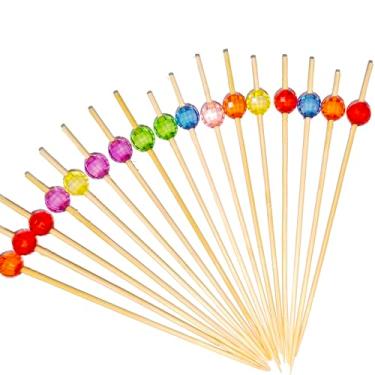 Imagem de 100 peças de palitos de frutas com contas de cristal – palitos de coquetel decorativos de 12 cm, espetos de bambu elegantes para aperitivos, sobremesas, bebidas, suprimentos para festa de casamento