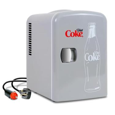 Imagem de Mini geladeira Diet Coke – Geladeira de 6 latas para quarto, escritório, mesa portátil, refrigerador de bebidas 12V 110V para bebidas, refrigerante, vinho, leite materno, uso no carro, dormitório, ao