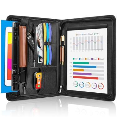 Imagem de SIMBOOM Organizador de couro com zíper, pasta de portfólio de negócios multifuncional com zíper, bolsos para porta-cartões, fichário de documentos executivo para mulheres e homens (preto)