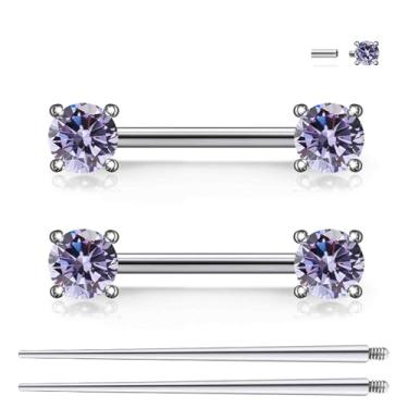 Imagem de Ruifan Piercing de mamilo de titânio roscado internamente anel redondo roxo zircônia cúbica anéis de língua piercing corporal barra reta joias para mulheres homens 14G 14 mm com cone de piercing reto