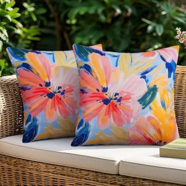 Imagem de JASEN Capas de almofada impermeáveis para ambientes externos, decoração floral colorida 45,7 x 45,7 cm para móveis de pátio, jardim e praia - Pacote com 2