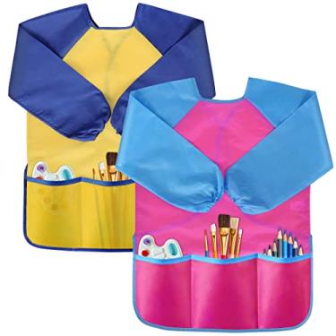 Imagem de VCOSTORE Avental de pintura impermeável para crianças com 2 peças, manga comprida e 3 bolsos para crianças a partir de 2 3 3 4 5 6 anos de idade, pintura, assar, amamentar (amarelo + rosa)