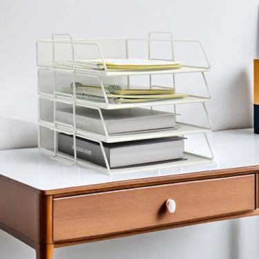 Imagem de YFS A4 Suporte de pasta de arquivo de letras, organizador de papel com alça, bandeja empilhável de 4 camadas, organizador de documentos, decoração de escritório (A4, vertical, branco, 4 camadas)
