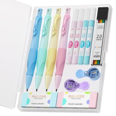 Imagem de Four Candies Lapiseira de 2,0 mm com aderência ergonômica confortável, 4 peças de lápis mecânicos fofos com 44 refis de chumbo, 2 apontadores/borrachas, material escolar de estética para desenho