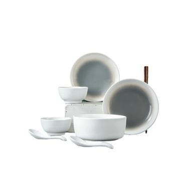Imagem de Utensílios de mesa em estilo japonês minimalistas criativos delicados de cerâmica retrô irregular - (9 peças de ponto branco grosso