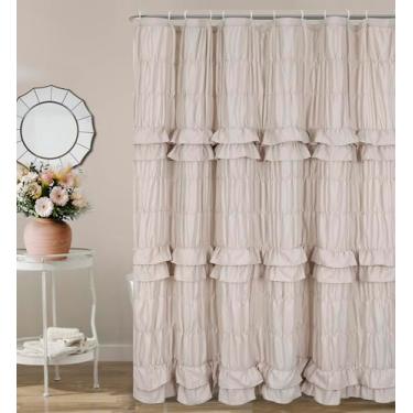 Imagem de YINFUNG Cortina de chuveiro bege com babados, cortinas de banheiro vintage chiques camelo marrom vitoriano feito à mão boho casa de fazenda feminina francesa decoração de renda 183 x 213 cm