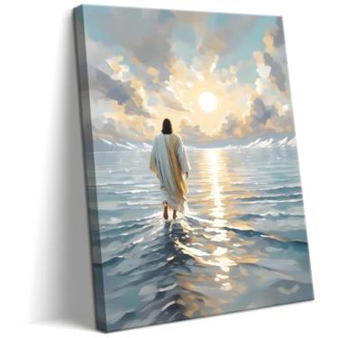 Imagem de Arte de parede em tela de Jesus, decoração de parede cristã de Jesus andando na água, imagem inspiradora de Deus para sala de estar, sala de oração ou igreja, arte religiosa católica – moldura de 30,5
