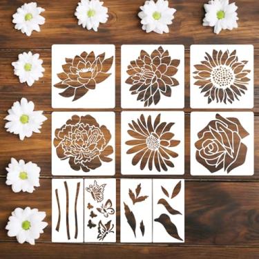 Imagem de 10 peças de estêncil de flor grande para pintura, estêncil de girassol, modelo de rosa reutilizável para madeira, paredes, tecido, tela e móveis, estênceis florais DIY para casa, jardim, cerca e