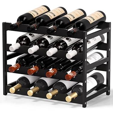 Imagem de Rack de vinho resistente bancada de vinho – Suporte de garrafa de vinho de bambu prateleiras de armazenamento de vinho balcão suporte de vinho inserções para armário mesa de chão livre organizador de vinho (4 níveis, capacidade para 16 garrafas) preto