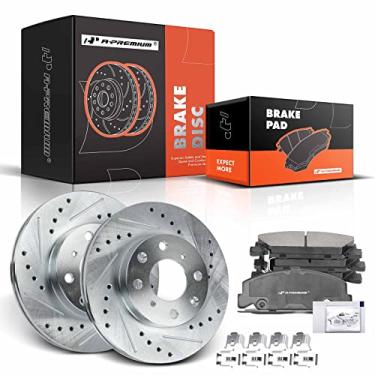 Imagem de A-Premium Rotores de freio a disco dianteiro perfurado e ranhurado de 9,45 polegadas (240 mm) + kit de pastilhas de cerâmica compatível com modelos selecionados Honda - Civic 1990-2000, CRX 1990-1991,