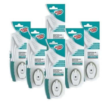 Imagem de Kit 6 Esponja E Escova Com Dispenser 2 Em 1 Lavar Atacado - FlashLimp