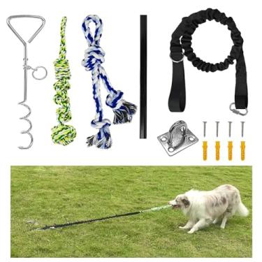 Imagem de Brinquedo de puxar elástico para cães com estaca de amarrar, ganchos, parafusos com tubo, brinquedo de cabo de guerra para cães grandes, médios e pequenos no chão ou na porta, brinquedo interativo