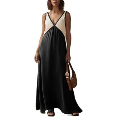 Imagem de Vestido Estético Vestido De Cetim Vestido De Praia Vestido De Verão Vestido Maxi Sem Mangas Decote V Bloco De Cor, Yellow, XL
