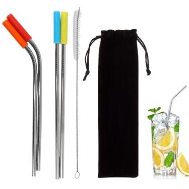 Imagem de Kit Canudos Sustentáveis Reutilizáveis e Ecológicos em Aço Inox 23cm 6 Peças com Limpador Estojo Preto Aveludado e Tampas Coloridas