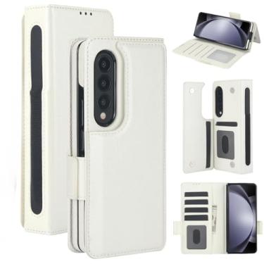 Imagem de Capa carteira para Samsung Galaxy Z Fold 4, 6 porta-cartões de crédito e S-Pen, [bloqueio RFID] Fecho magnético de couro dobrável com suporte, capa protetora resistente à prova de choque (branca)