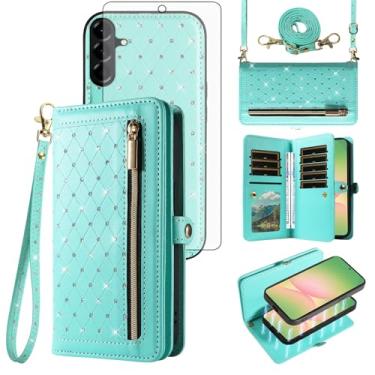 Imagem de Capa de celular para Samsung Galaxy A56 5G carteira com zíper destacável capa magnética com protetor de tela alça transversal alça brilhante glitter flip porta-cartão de crédito slots A 56 56A LTE