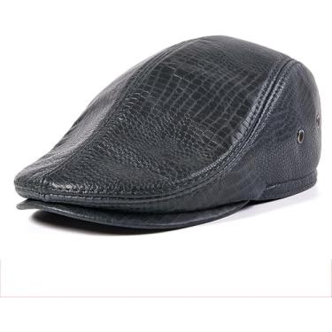 Imagem de Chapéu De Couro Para Homens, Boné De Couro, Chapéu De Jornaleiro Com Abas De Orelha, Chapéu De Couro De Crocodilo, Boné Plano, Quente, Proteção Para Os Ouvidos, Black, L
