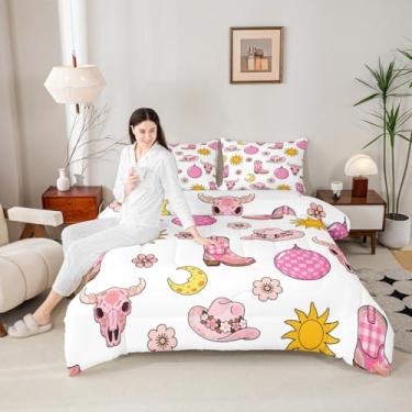 Imagem de Erosebridal Conjunto completo de edredom com botas de vaqueira rosa, bola de discoteca, floral, boêmio, para meninas e crianças, conjunto de cama com edredom de caveira de touro ocidental, sol e lua