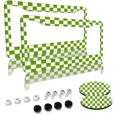 Imagem de Molduras de placa de licença xadrez verde pacote com 2 furos capa de placa de licença de alumínio com 2 peças porta-copos de carro e parafusos e tampas de parafuso pretas para meninas mulheres homens